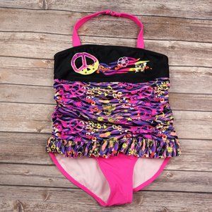 OP Ocean Pacific Girls Large 10 - 12 One Piece Swimsuit Peace Signs Hearts Pink